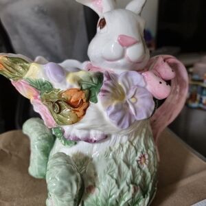 Ceramic The Bunny Collection Tea Pot Pitcher with Pastel Floral Fantasy Accents
